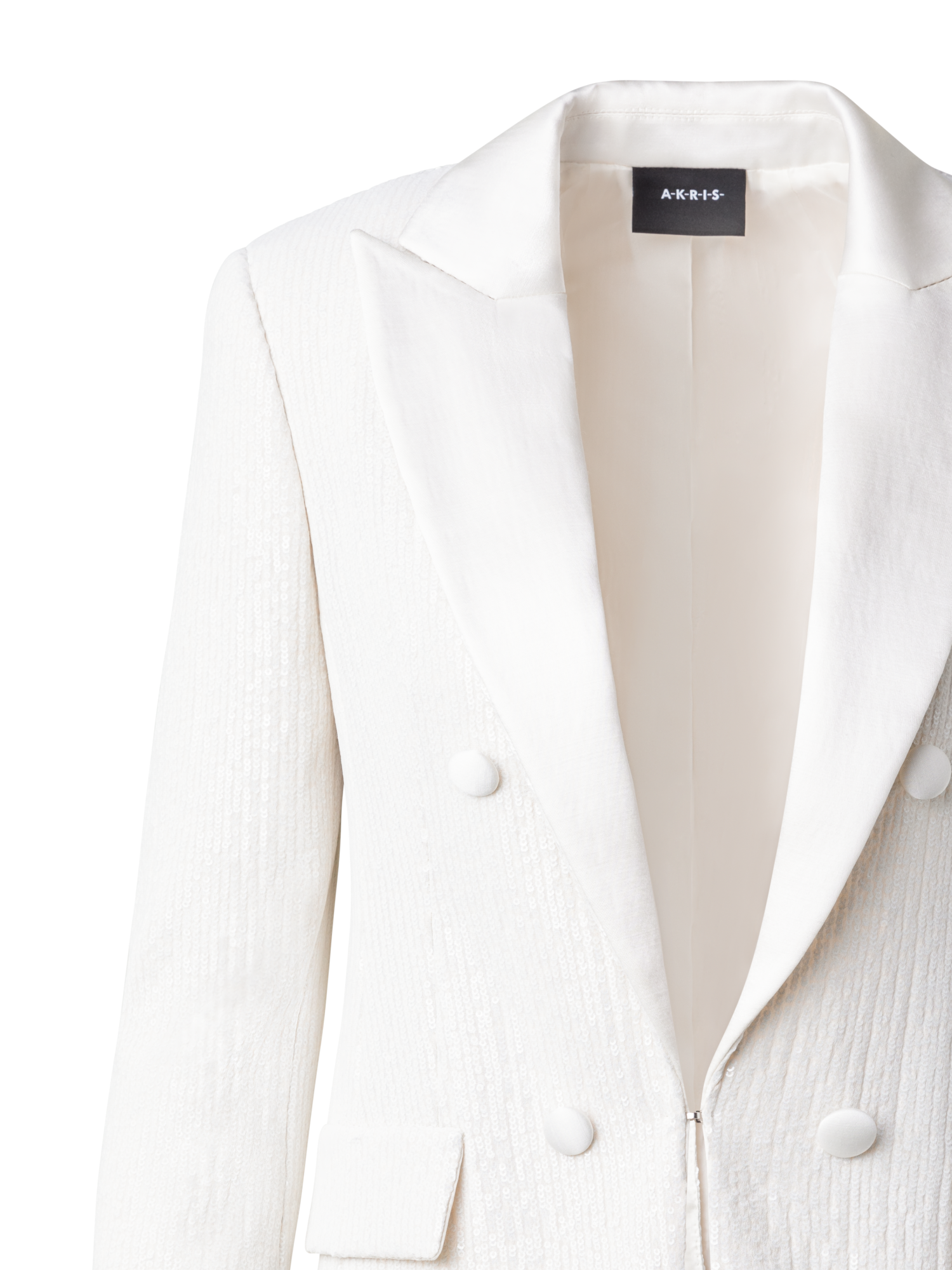 Designer Langer Pailletten-Blazer mit Satinrevers - Ecru - Weiss