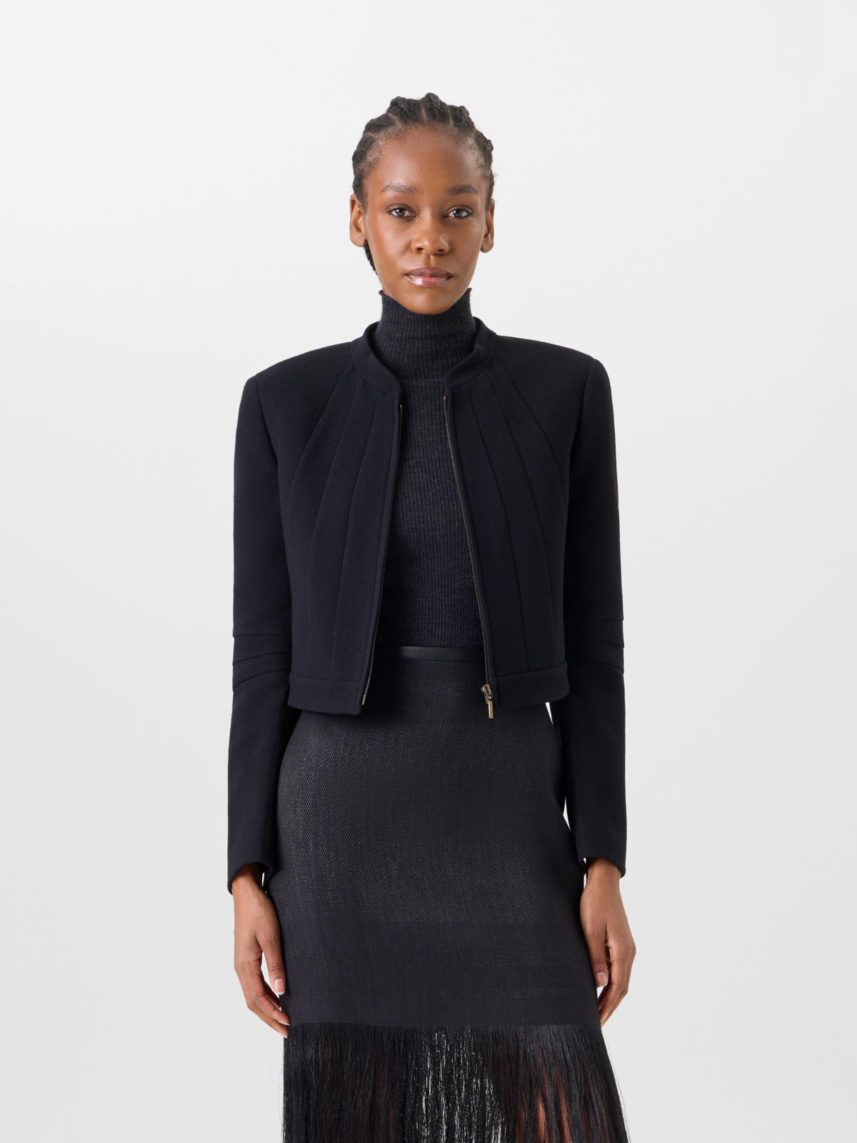 Designer Kurze taillierte Jacke aus Woll-Crêpe-Double-Face - Schwarz 