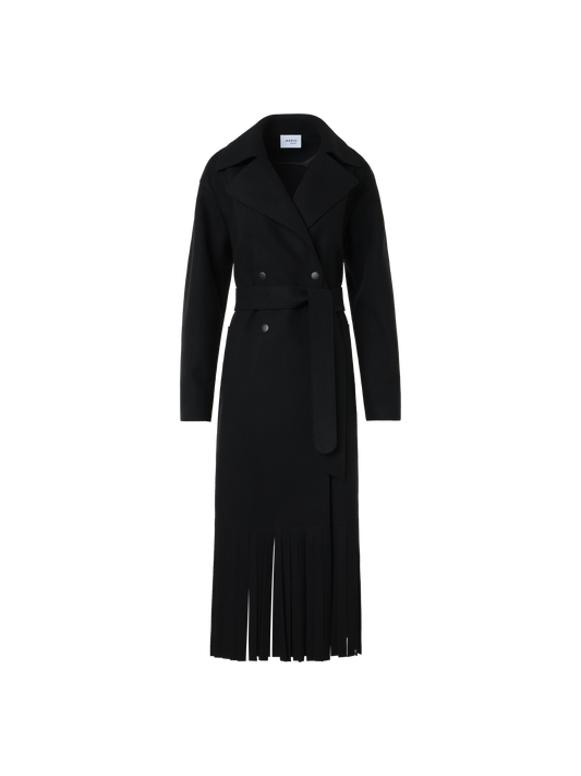 Designer Trenchcoat aus gefilzter Wolle mit Fransen - Schwarz