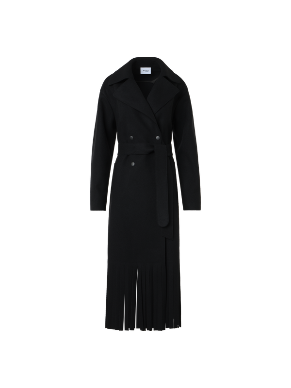 Designer Trenchcoat aus gefilzter Wolle mit Fransen - Schwarz