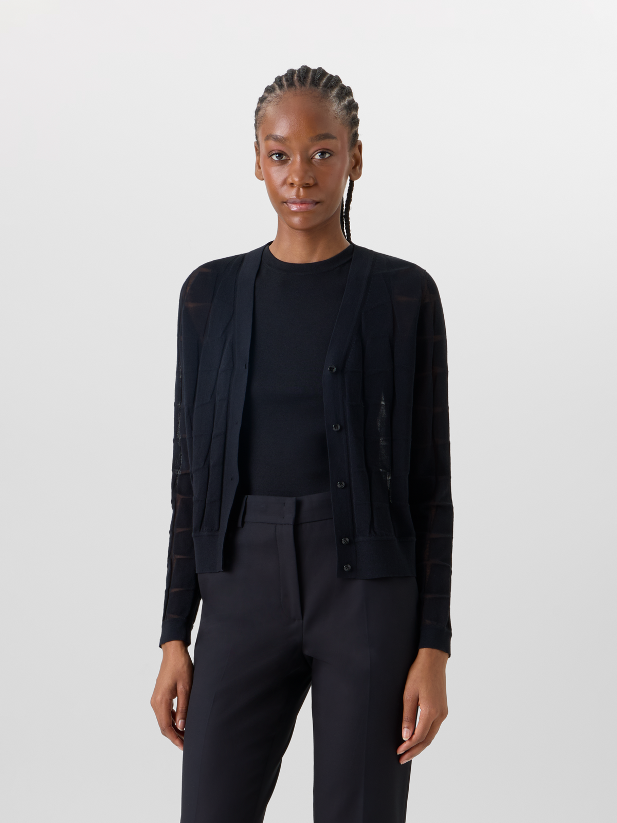 Designer Langärmelige Strickjacke aus tonalem Trapez-Jacquard - Schwarz #editorial