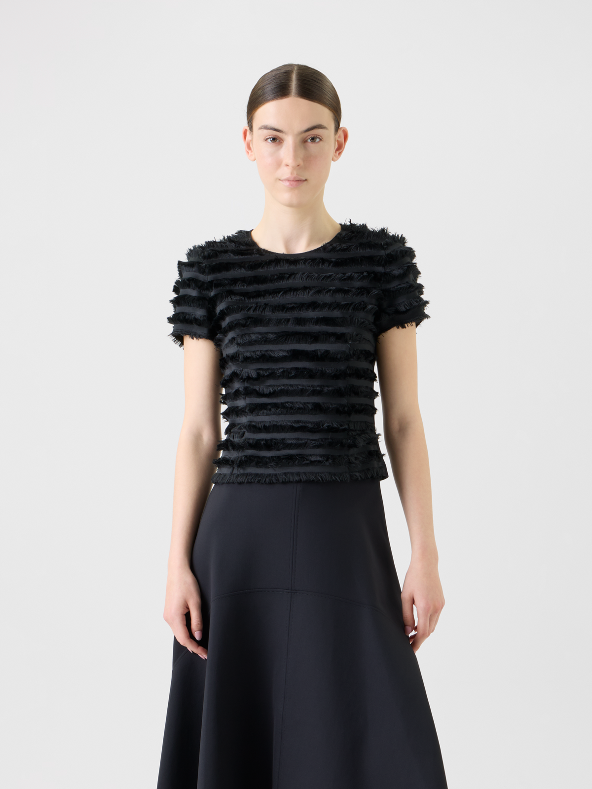 Designer Tailliertes Kurzarm Top mit Fransen Streifen - Schwarz #editorial