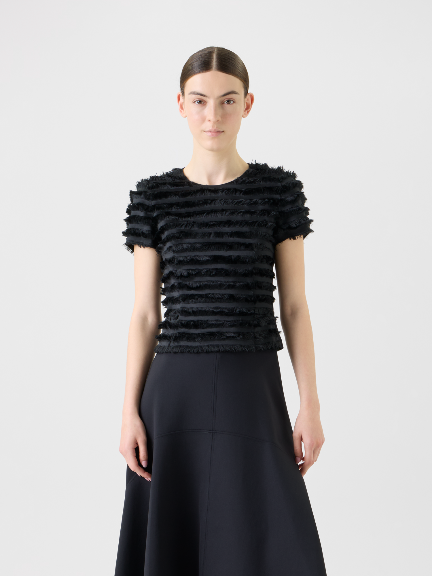 Designer Tailliertes Kurzarm Top mit Fransen Streifen - Schwarz 
