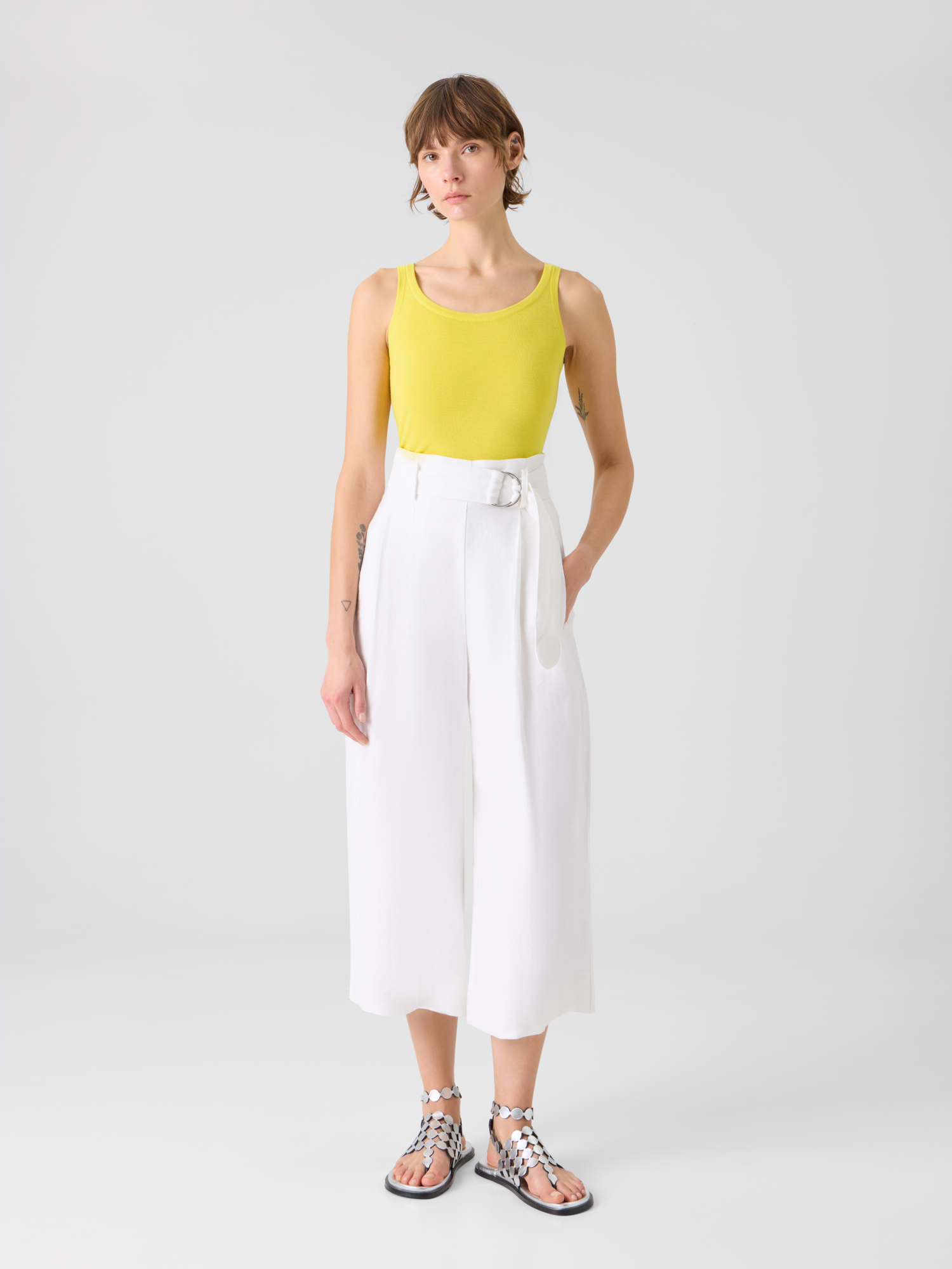 Designer Fiorella plissierte Culotte aus reinem Leinen - Weiss 
