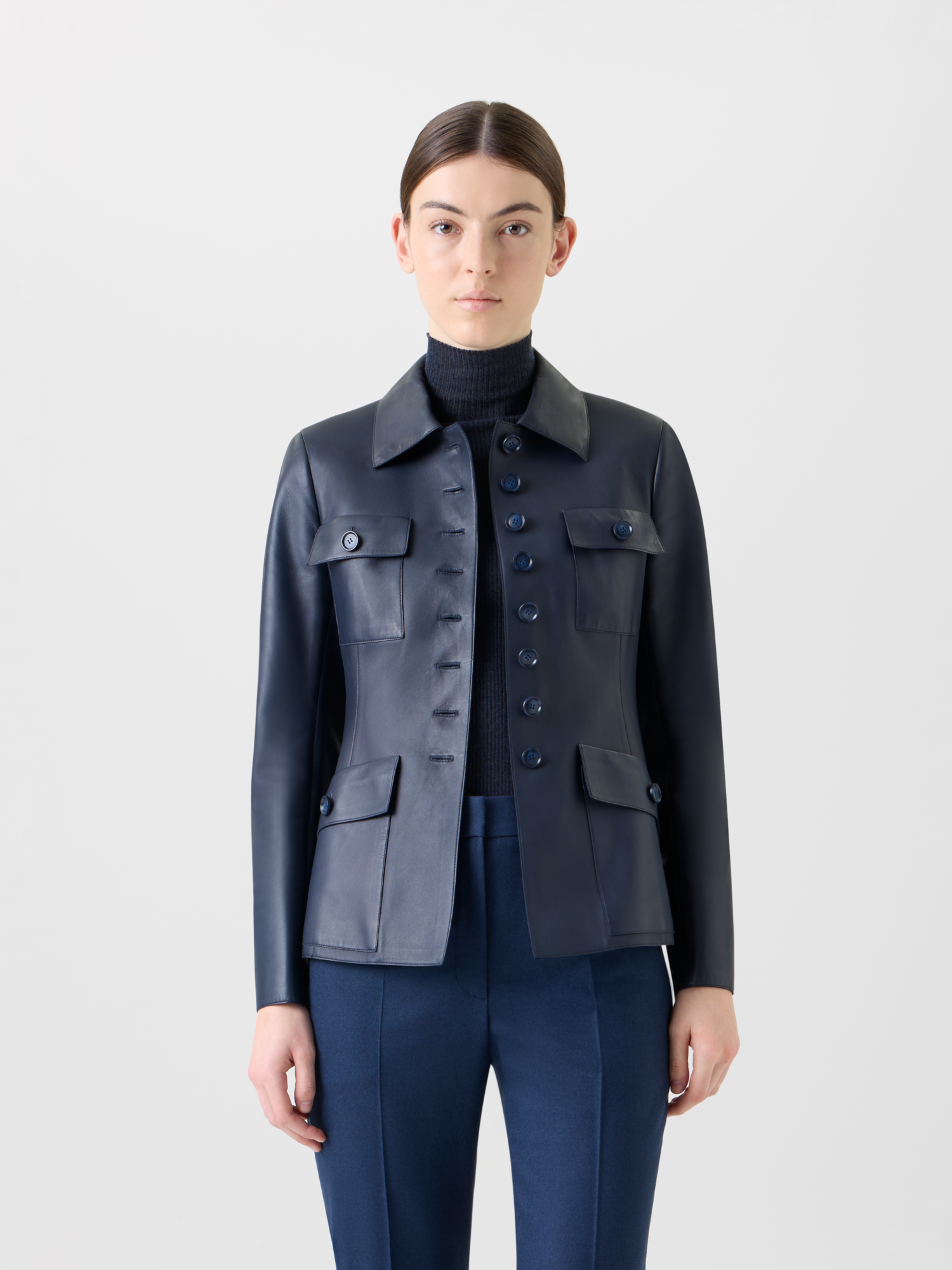Designer Taillierte Leder Jacke mit aufgesetzten Taschen - Dunkelblau - Blau 