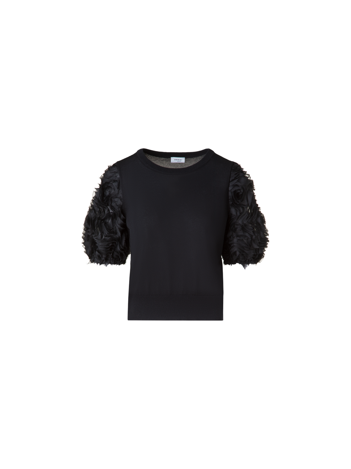 Designer Merino-Shirt mit bestickten 3D Carnation-Ärmel - Schwarz