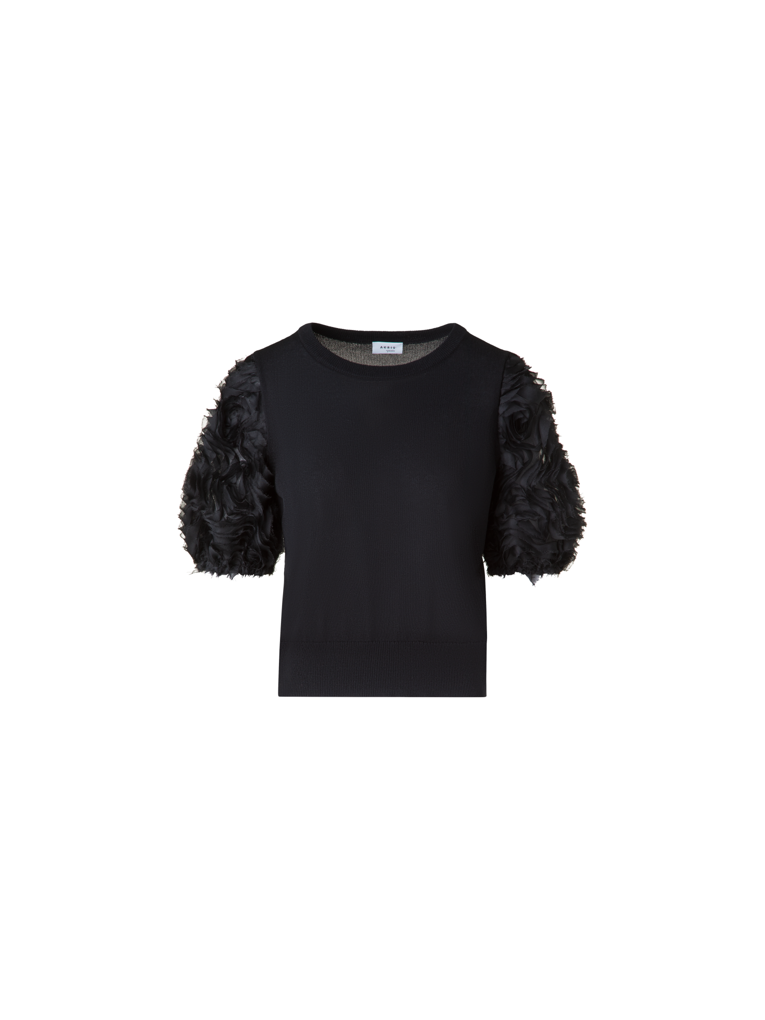 Designer Merino-Shirt mit bestickten 3D Carnation-Ärmel - Schwarz