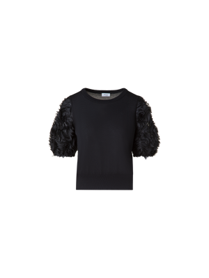 Designer Merino-Shirt mit bestickten 3D Carnation-Ärmel - Schwarz
