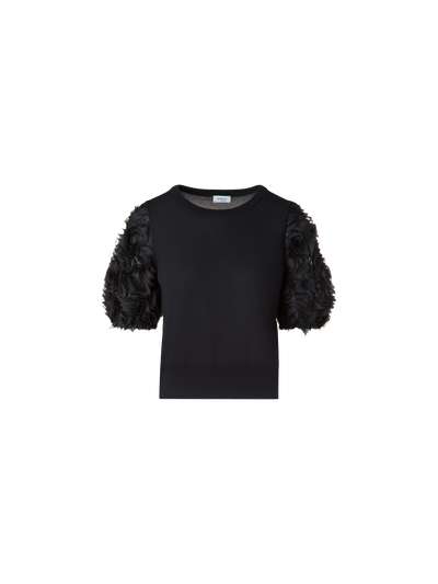 Designer Merino-Shirt mit bestickten 3D Carnation-Ärmel - Schwarz
