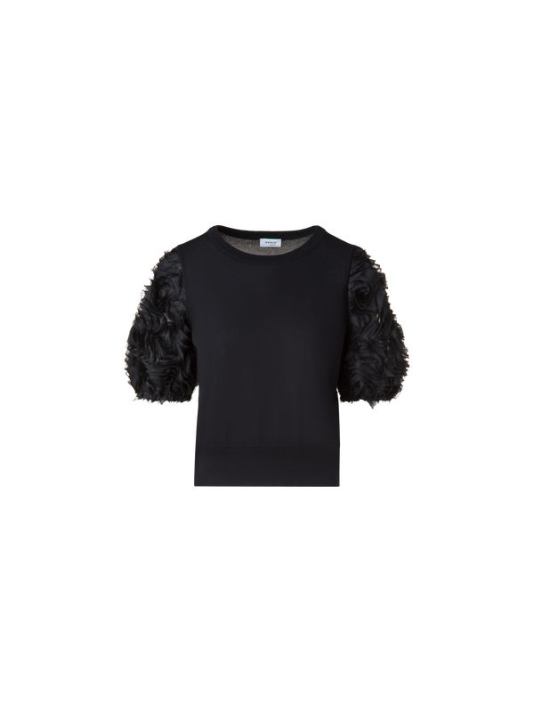 Designer Merino-Shirt mit bestickten 3D Carnation-Ärmel - Schwarz