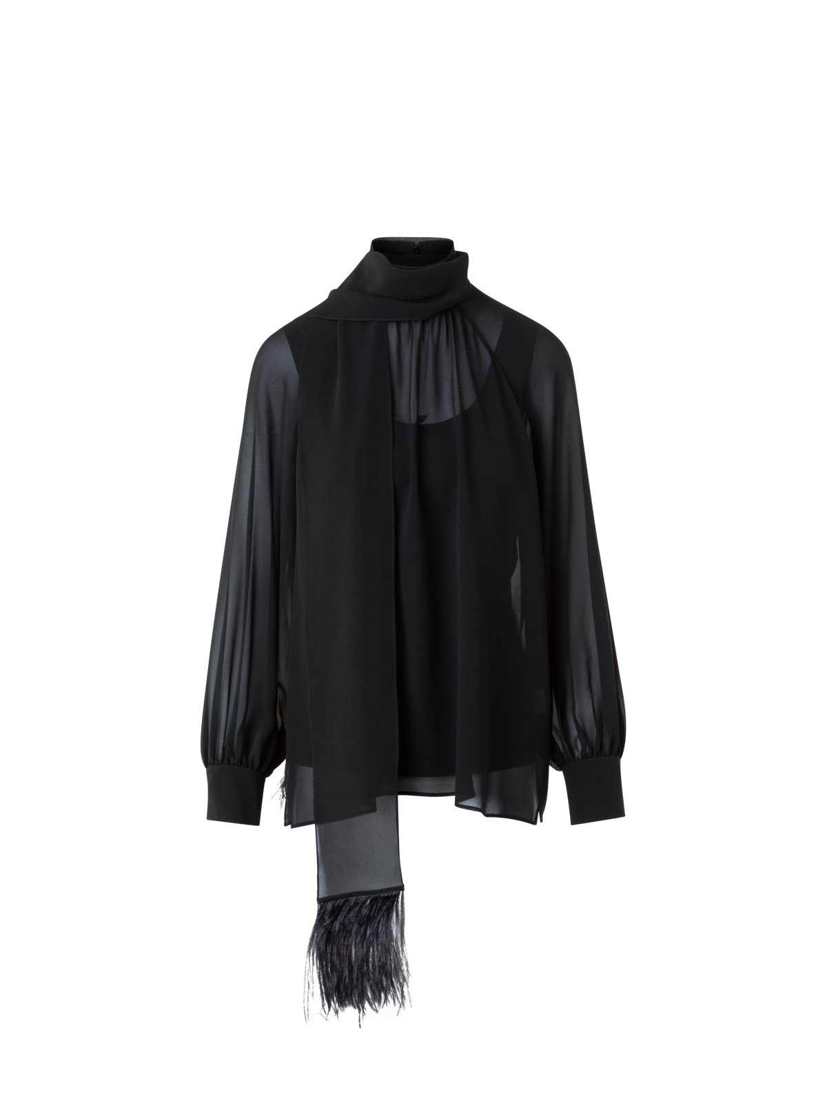 Designer Transparente Seidenbluse mit Federbesatz - Schwarz