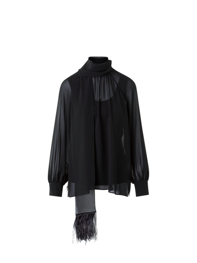 Designer Transparente Seidenbluse mit Federbesatz - Schwarz