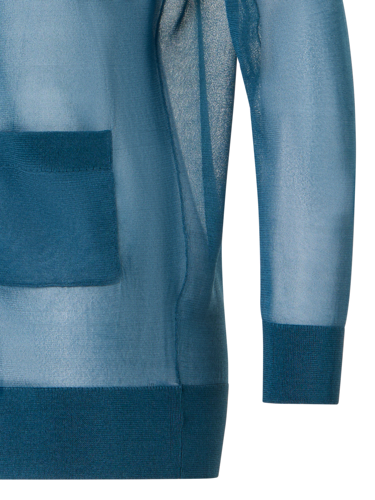 Designer Langärmelige, lange Strickjacke aus transparentem Seidenstrick - Blau