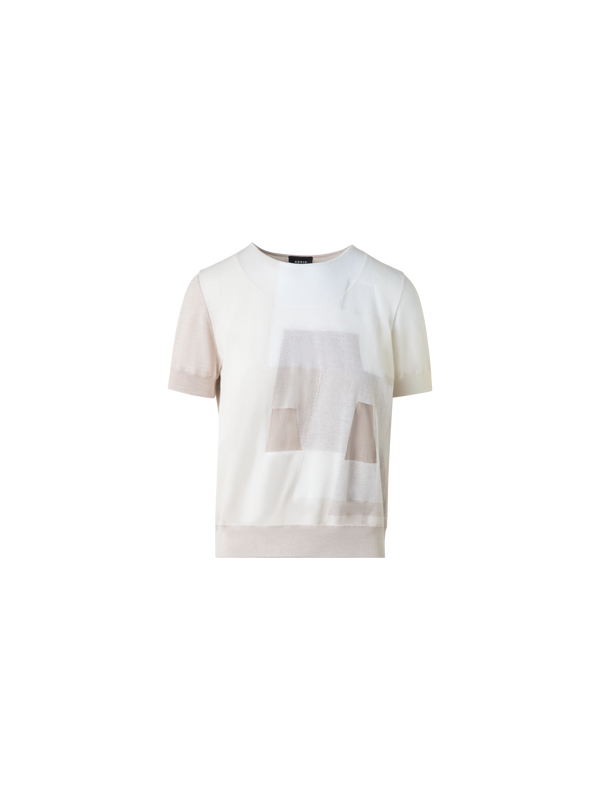 Designer Doppellagiger Intarsien-Kurzarmpullover - Bunt - Ecru - Beige - Weiss