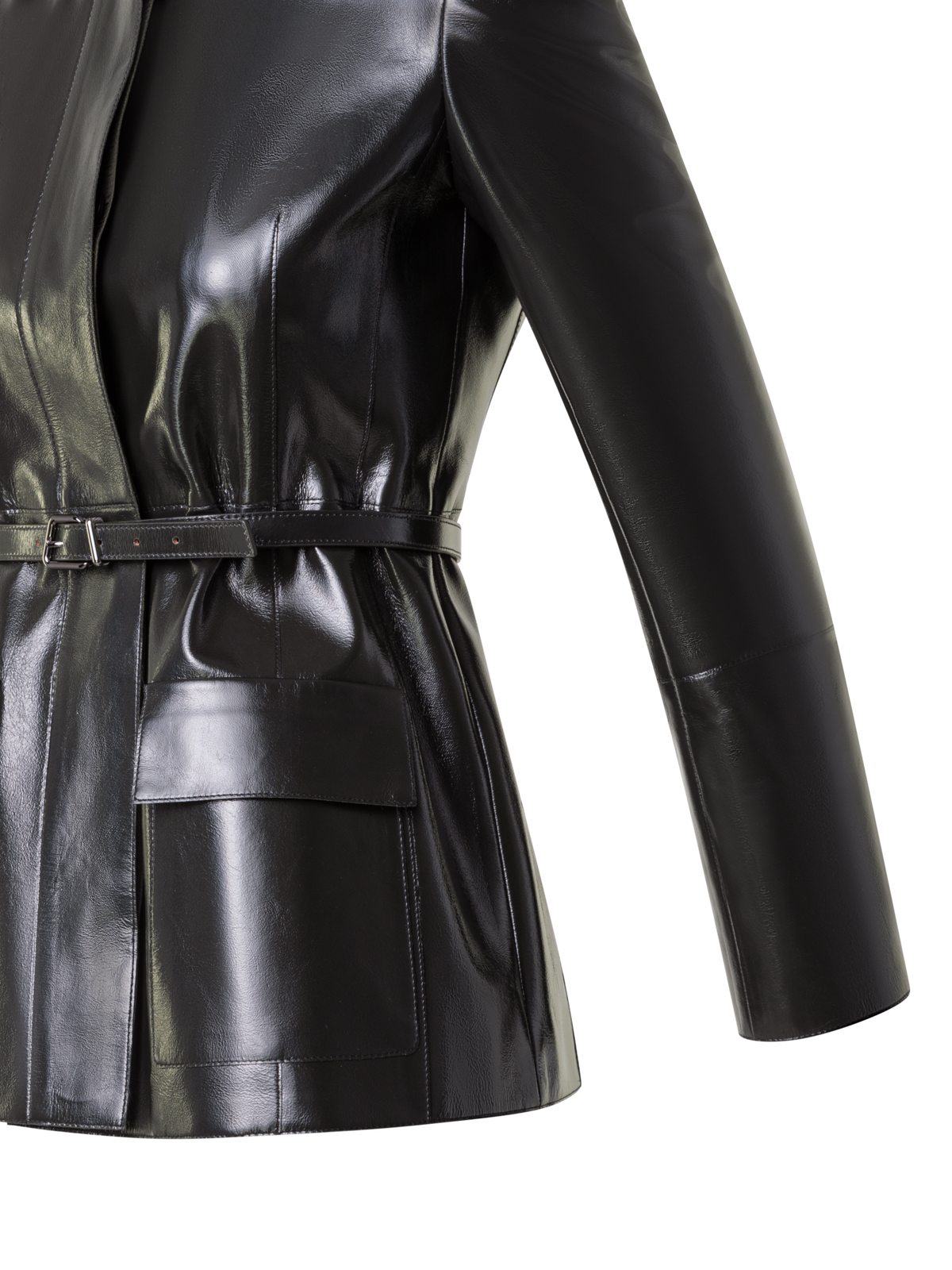 Designer Fitted Lacquer Leather Jacket with Belt - Grün