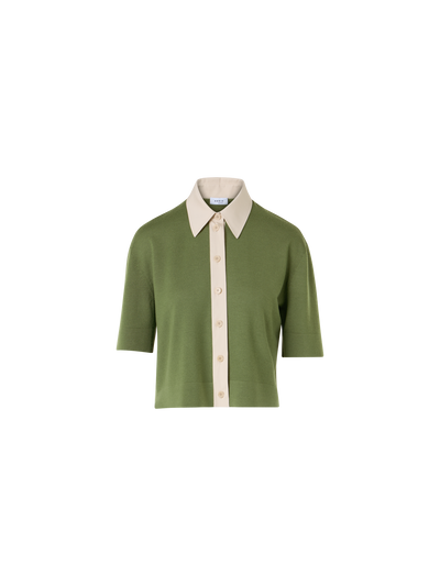 Designer Kurzärmelige Strick-Polojacke aus Merinowolle - Grün