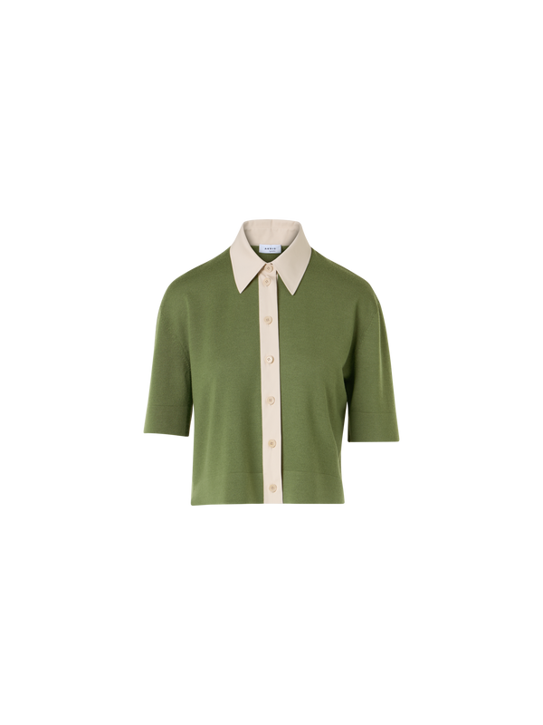 Designer Kurzärmelige Strick-Polojacke aus Merinowolle - Grün