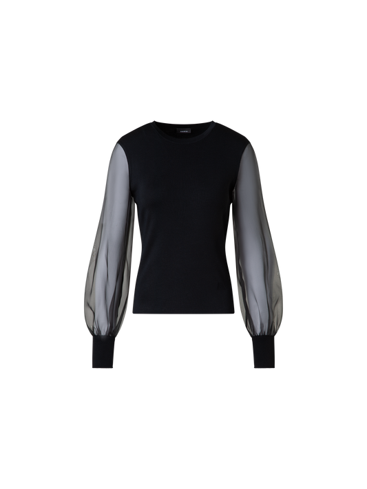 Designer Seidenpullover mit transparenten Organza-Ärmeln - Schwarz
