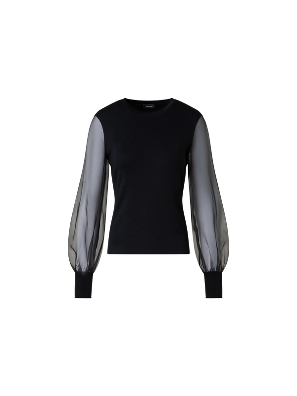 Designer Seidenpullover mit transparenten Organza-Ärmeln - Schwarz