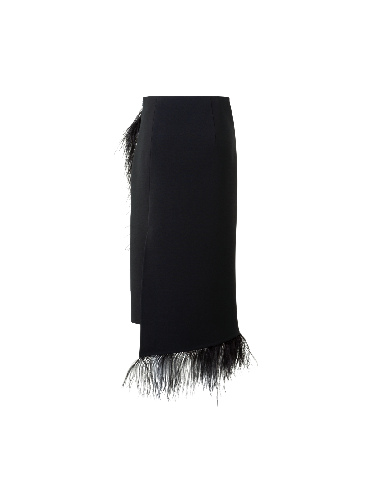 Designer Asymmetrischer Woll Midirock mit Federbesatz - Schwarz
