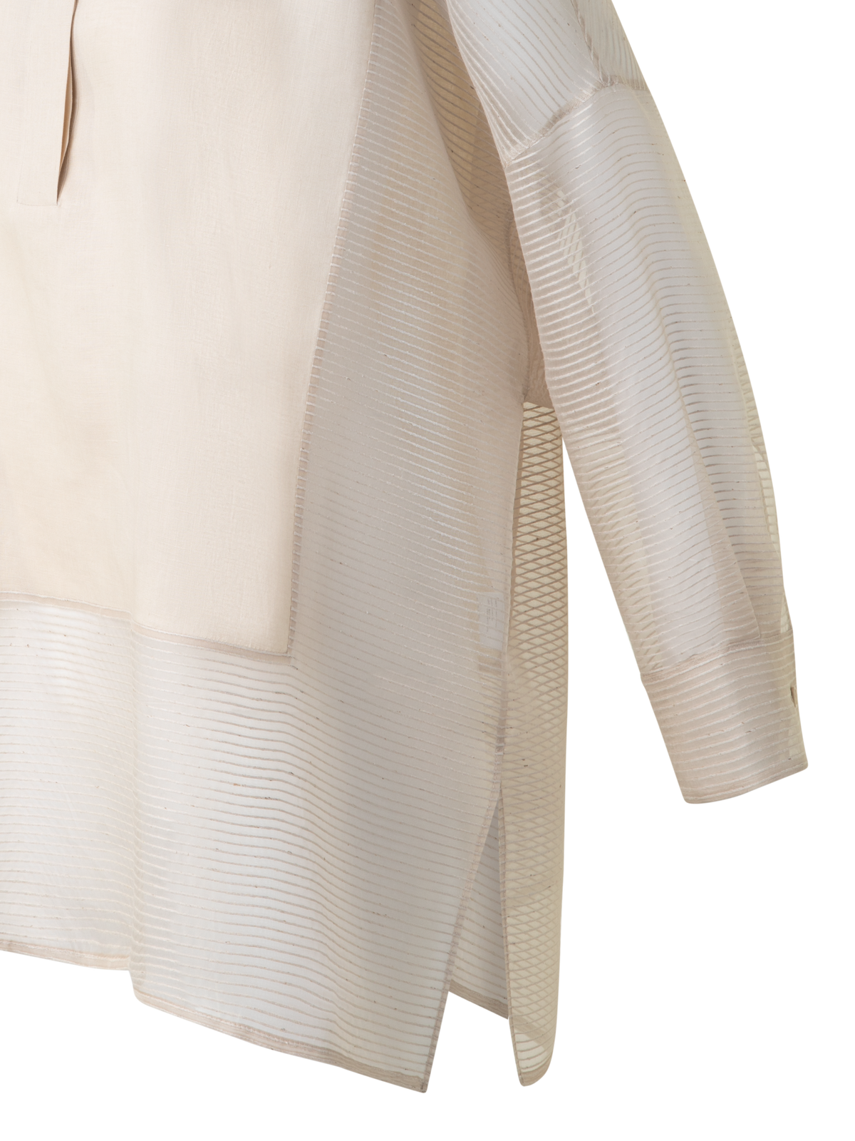 Designer Leinen Tunikabluse mit gestreiftem Organza - Grau - Beige