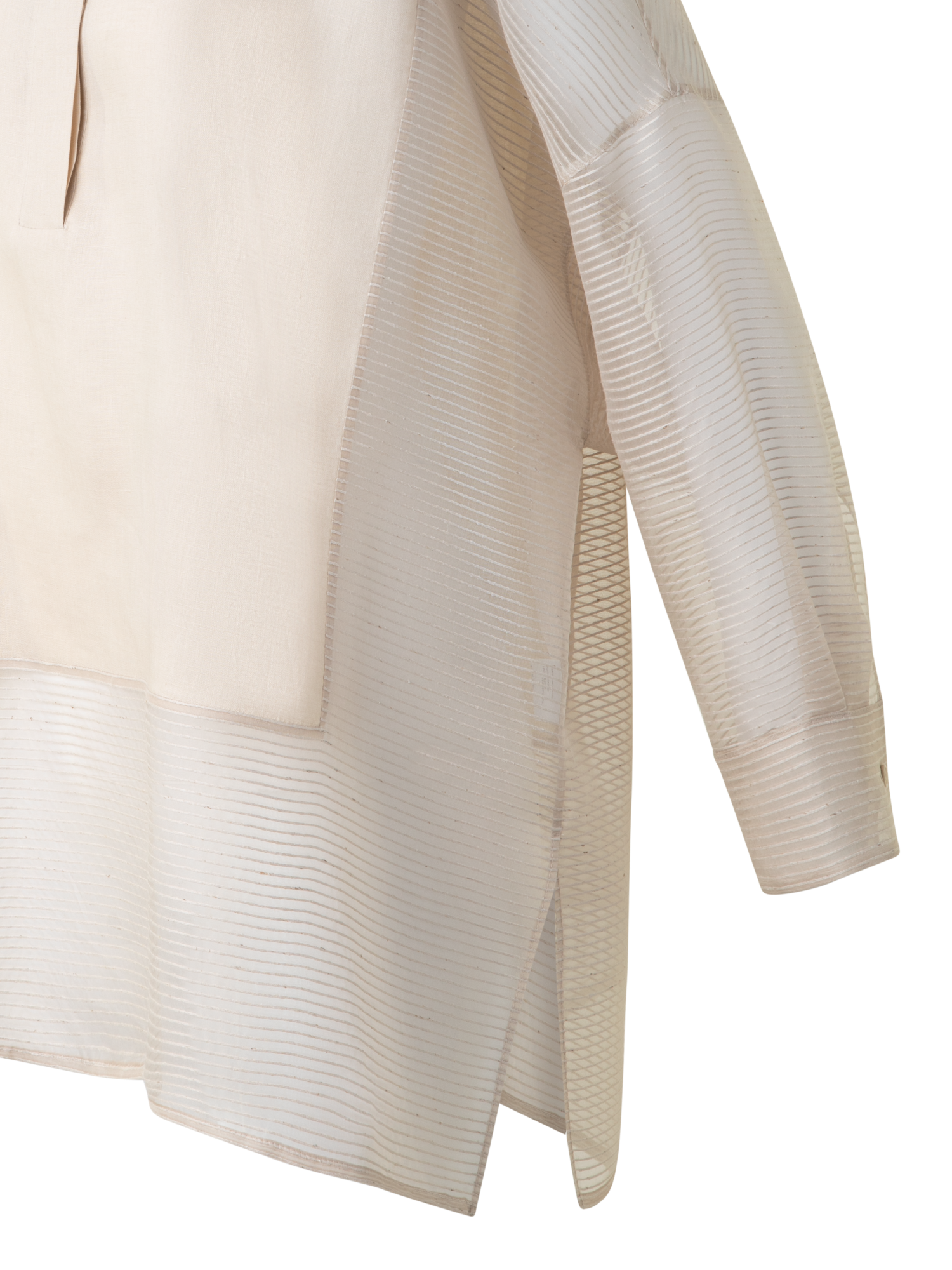 Designer Leinen Tunikabluse mit gestreiftem Organza - Grau - Beige