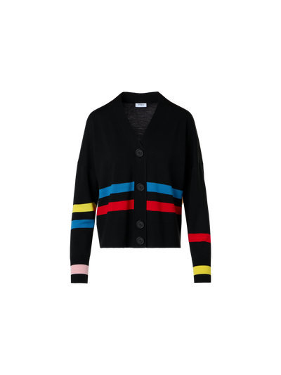 Designer Strickjacke aus Merinowolle mit farbigem Blockstreifen - Schwarz - Bunt