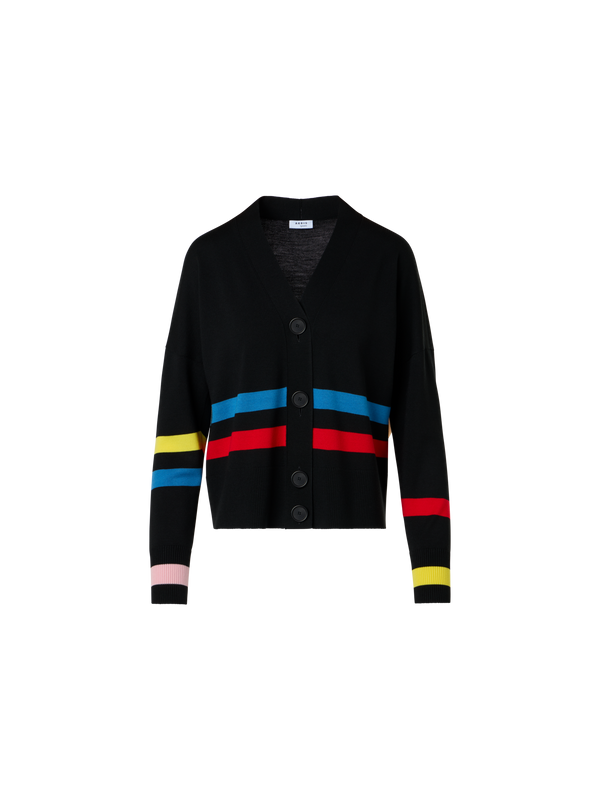 Designer Strickjacke aus Merinowolle mit farbigem Blockstreifen - Schwarz - Bunt