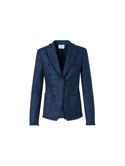 Designer Zweireiher-Jacke aus indischer Seide mit Fransen - Blau