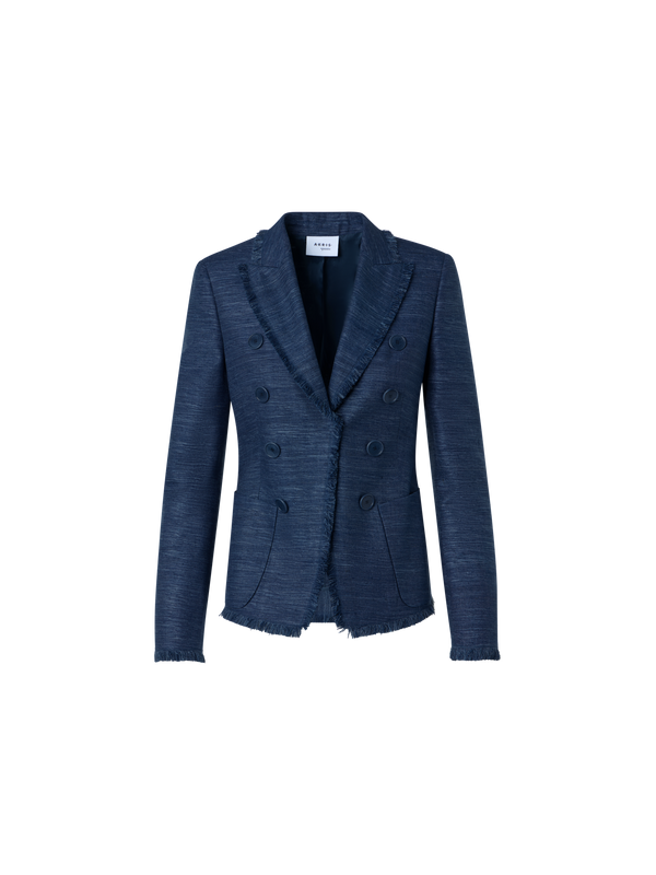 Designer Zweireiher-Jacke aus indischer Seide mit Fransen - Blau