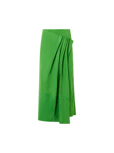 Designer Midirock aus Veloursleder mit Drapierung vorne - Grün