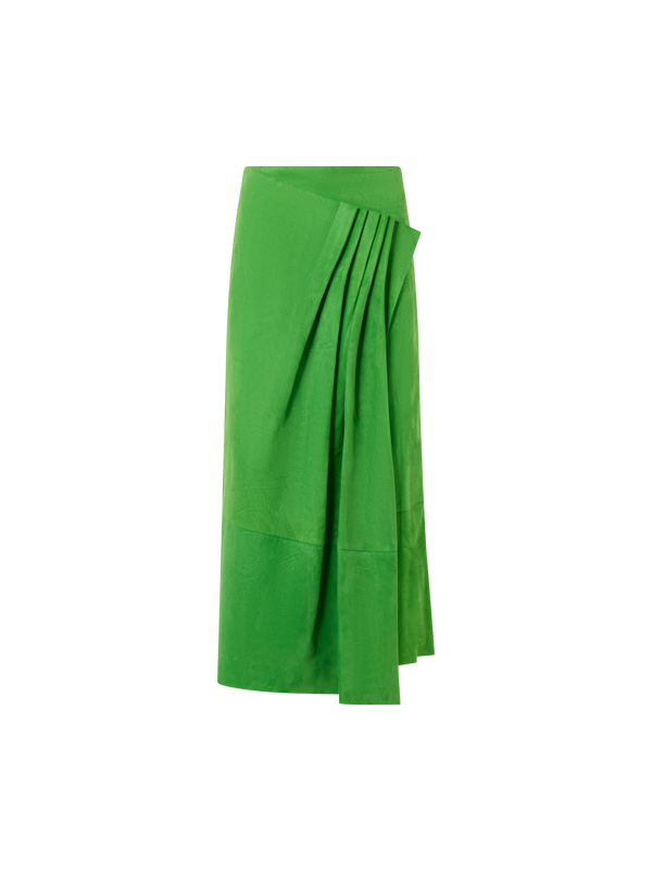 Designer Midirock aus Veloursleder mit Drapierung vorne - Grün