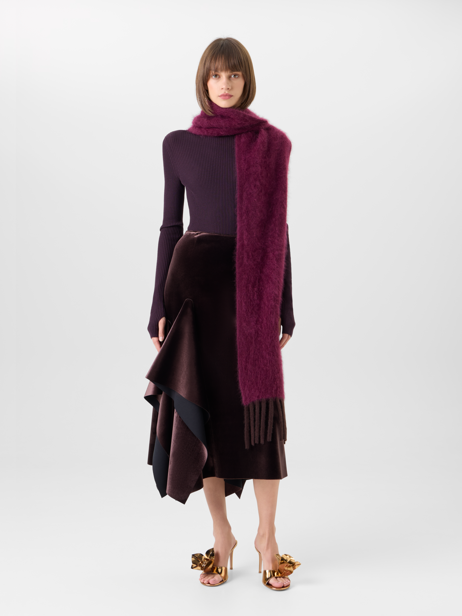 Designer Bi-Color Schal aus Cloud Cashmere mit Fransen - Rot - Braun 