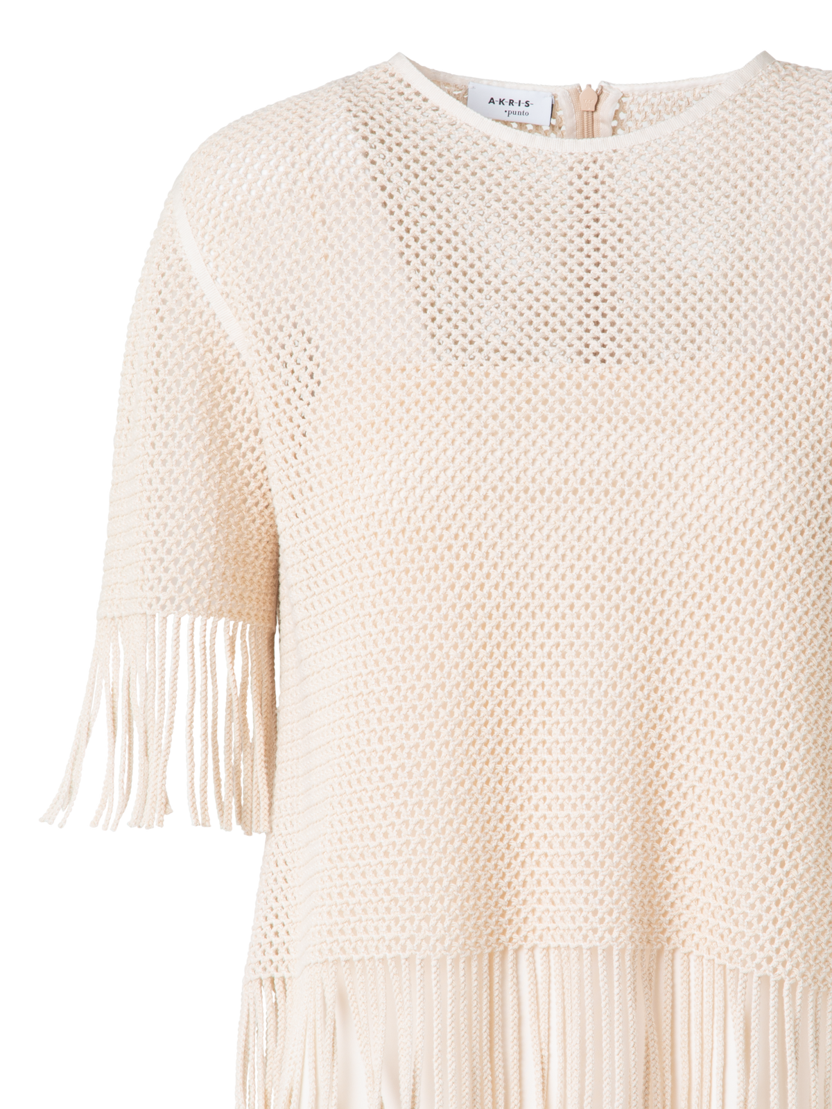 Designer T-Shirt aus Baumwoll-Mesh mit Fransen - Beige