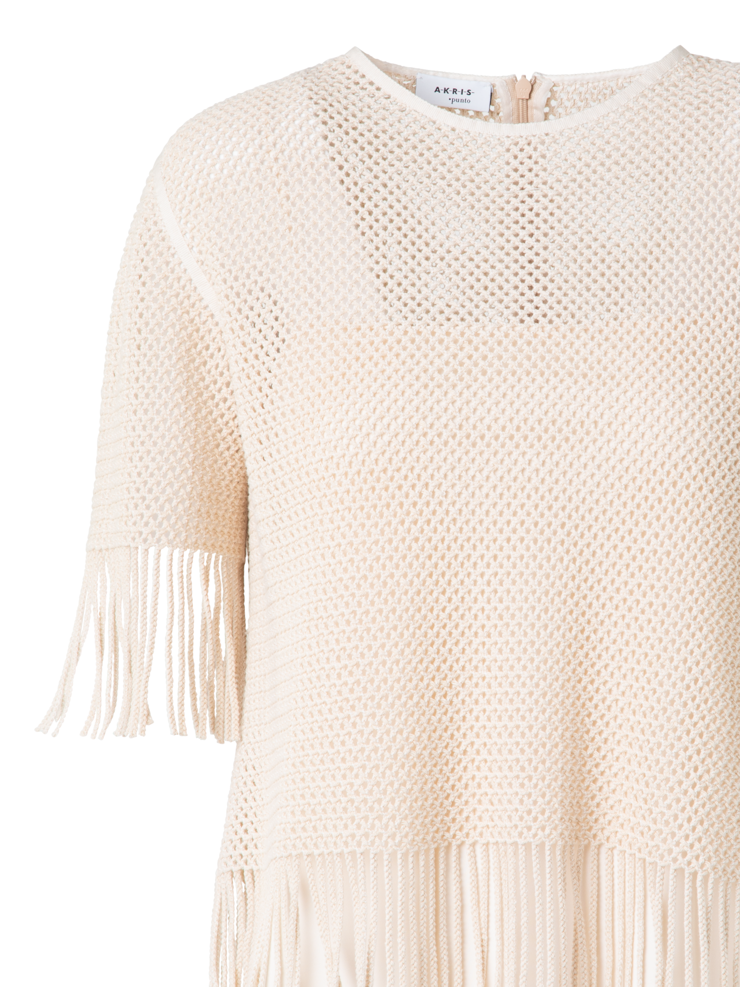 Designer T-Shirt aus Baumwoll-Mesh mit Fransen - Beige