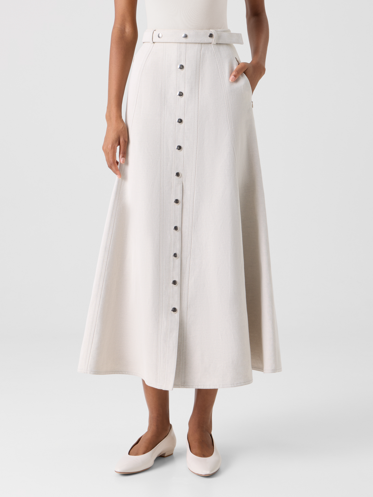 Designer Midirock in A-Linie mit Knopfleiste - Grau #editorial