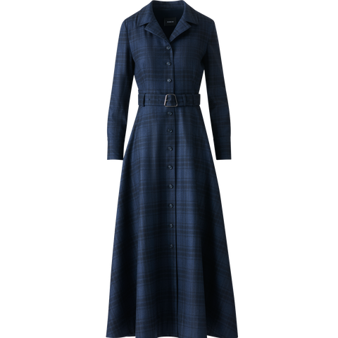 Belted Wool Flannel Plaid Midi Shirt Dress