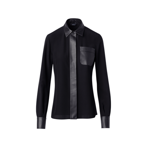 Silk Crêpe Shirt Blouse with Leather Trims
