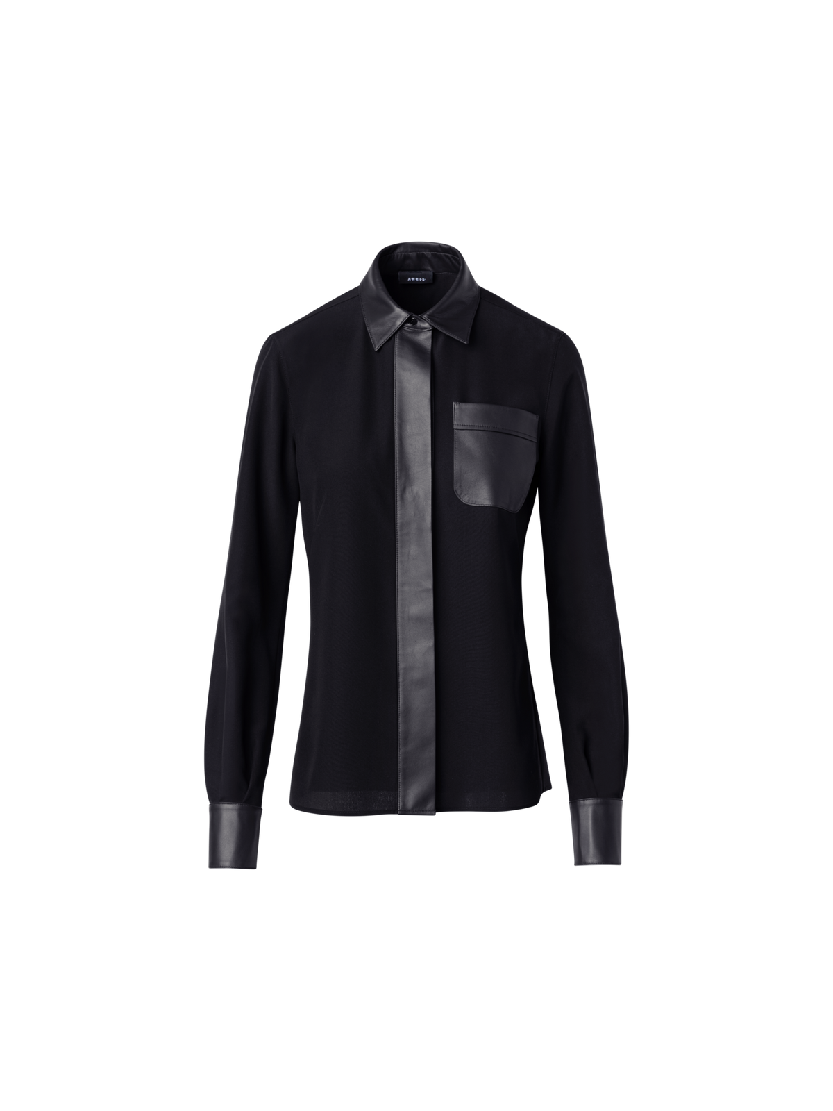 Designer Seidenbluse mit Ledereinsätzen - Schwarz
