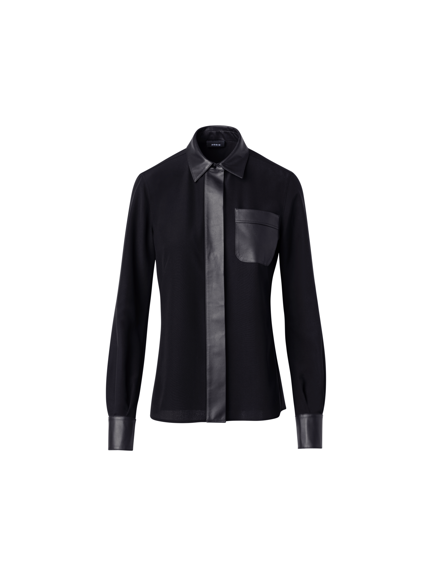 Designer Seidenbluse mit Ledereinsätzen - Schwarz