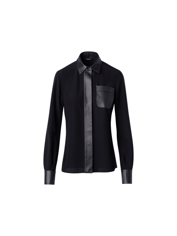 Designer Seidenbluse mit Ledereinsätzen - Schwarz