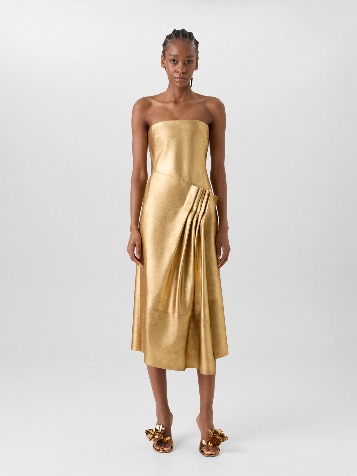 Designer Bustier-Robe aus Lamé-Leder mit Drapierung vorne - Gold 