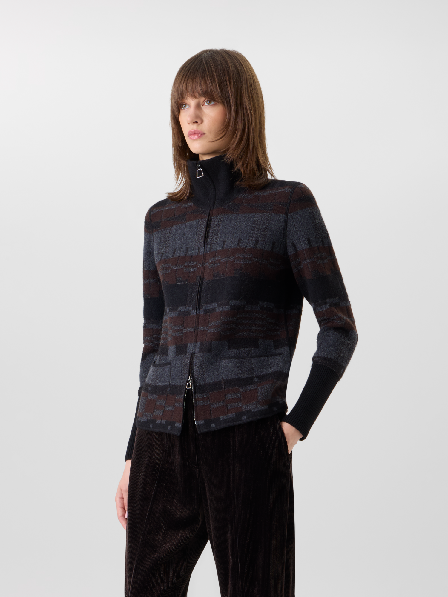 Designer Cardigan aus Kaschmir-Jacquard - Bunt - Braun - Grau 