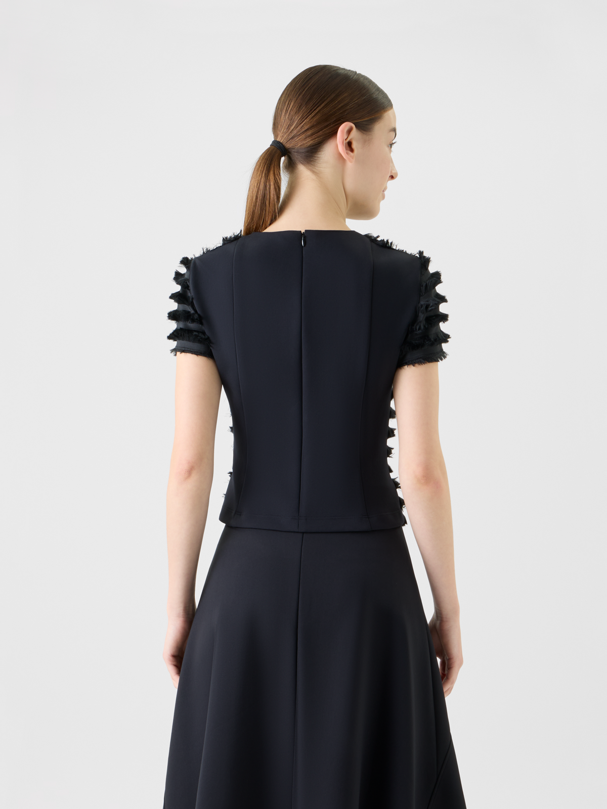 Designer Tailliertes Kurzarm Top mit Fransen Streifen - Schwarz #editorial