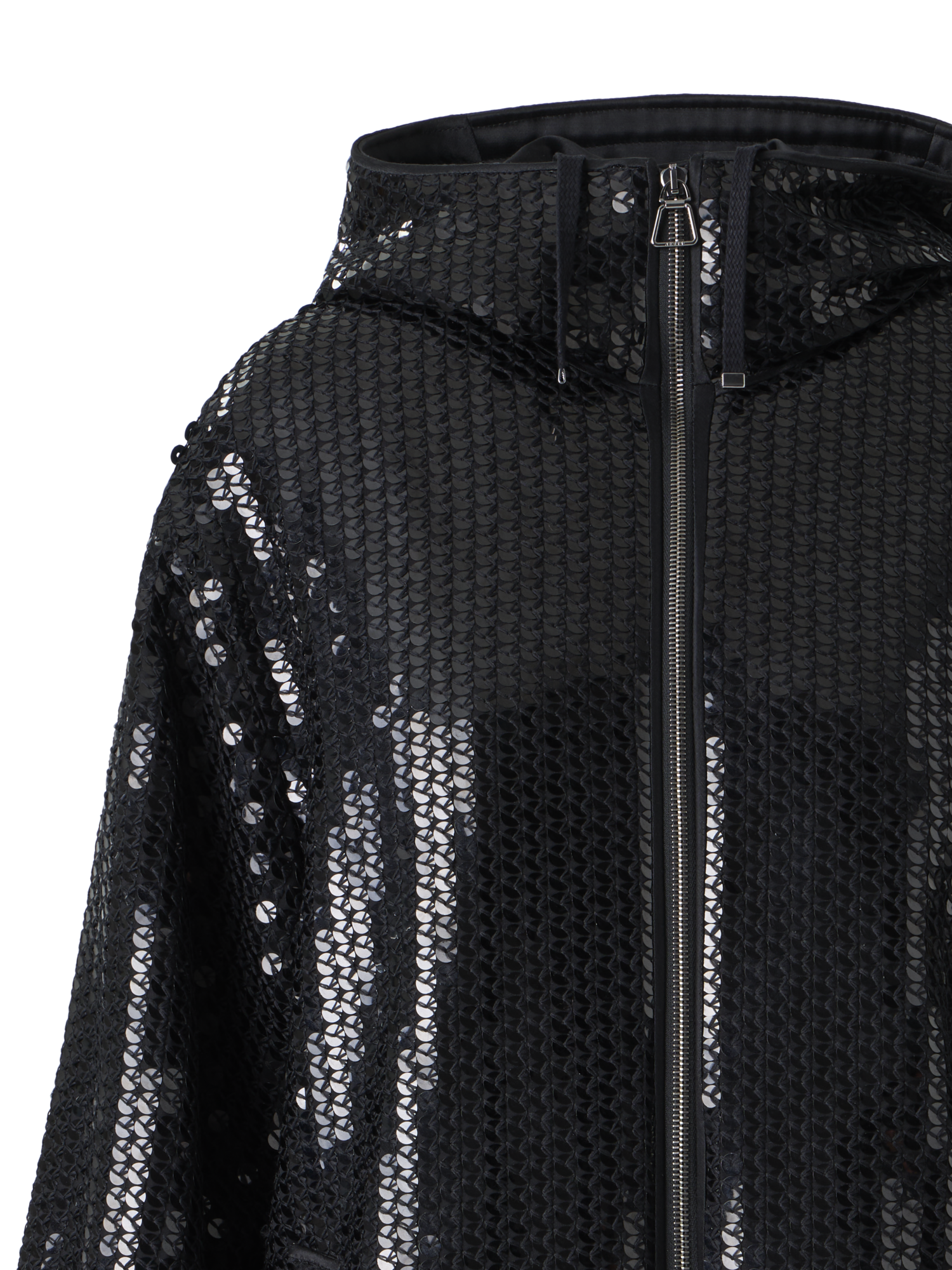 Designer Pailletten Chiffon Parka mit Kapuze - Schwarz