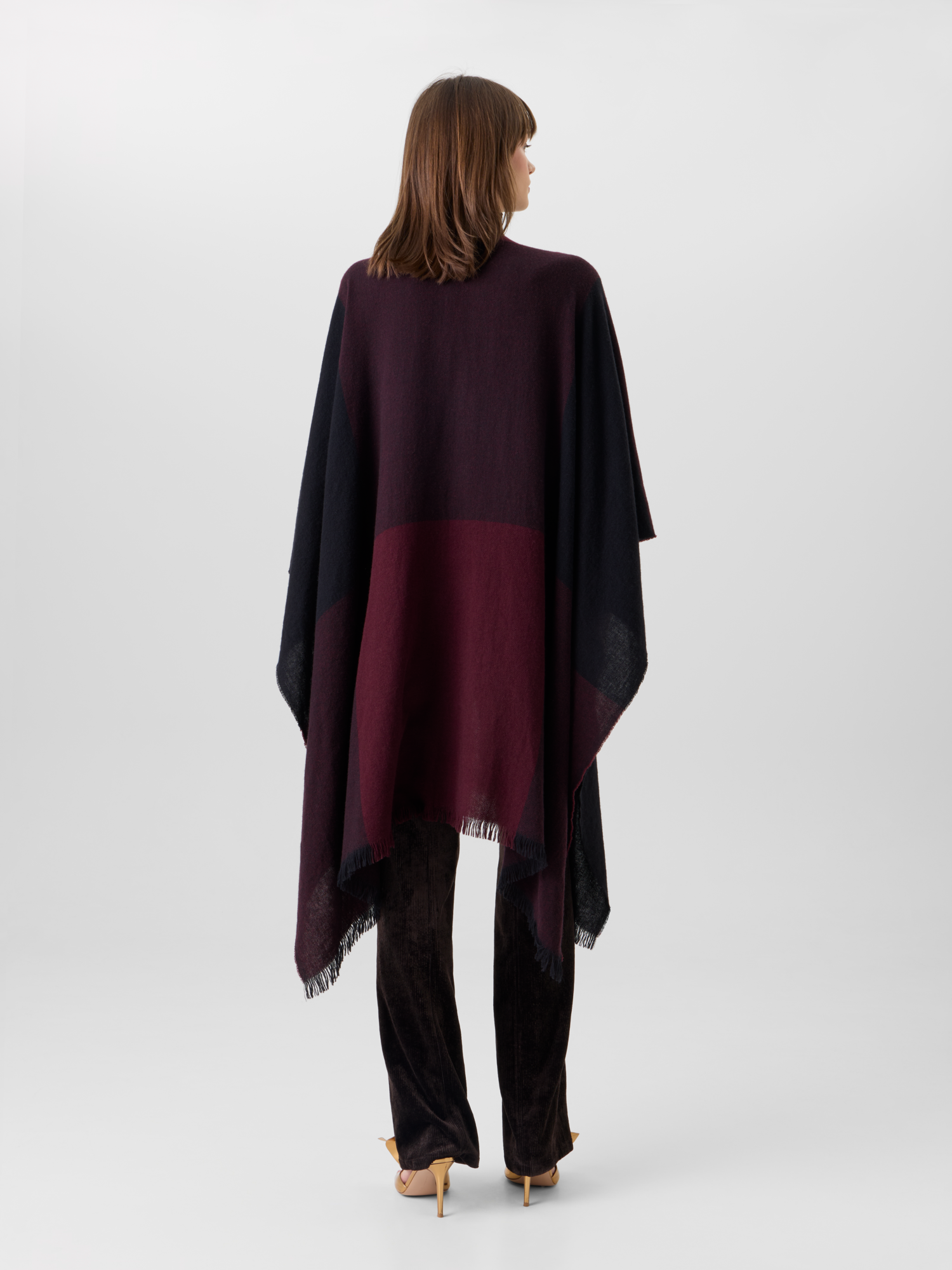 Designer Karierter Cape-Schal aus Wolle-Kaschmir mit Fransen - Rot - Weinrot 