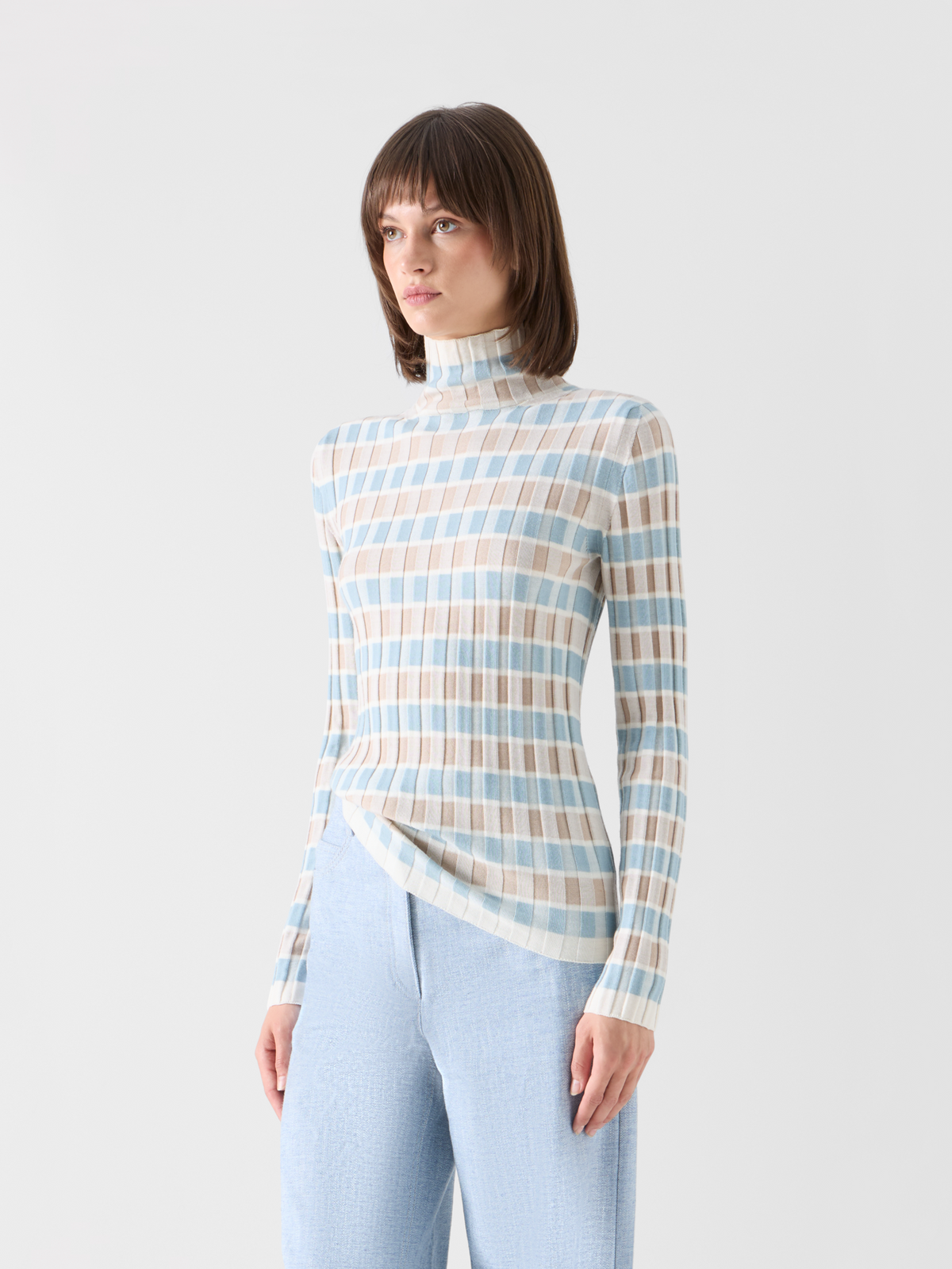Designer Taillierter Merino-Ripppullover mit Karo-Intarsia - Bunt 
