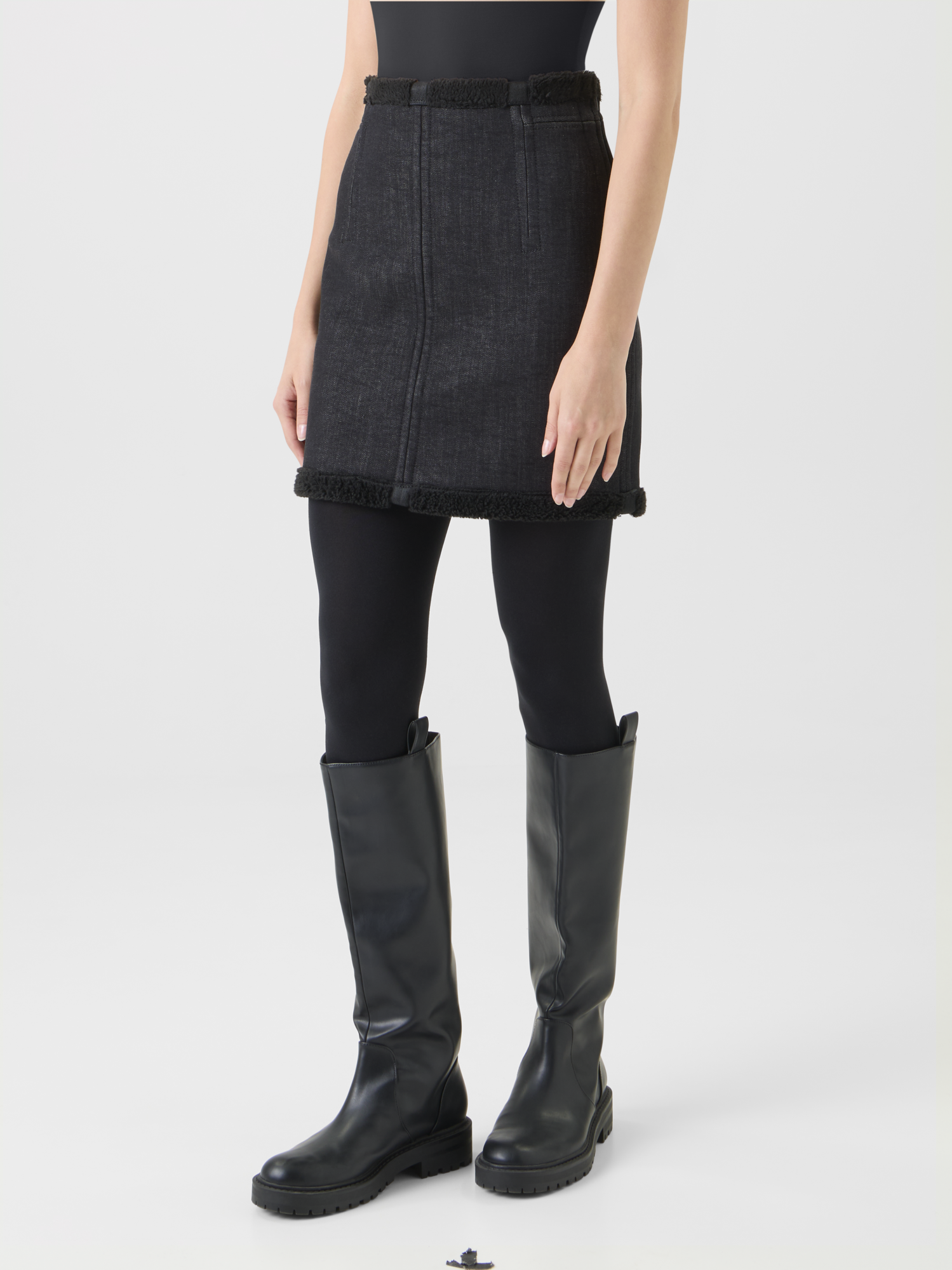 Designer Baumwoll Denim & Fellimitat Minirock - Schwarz 