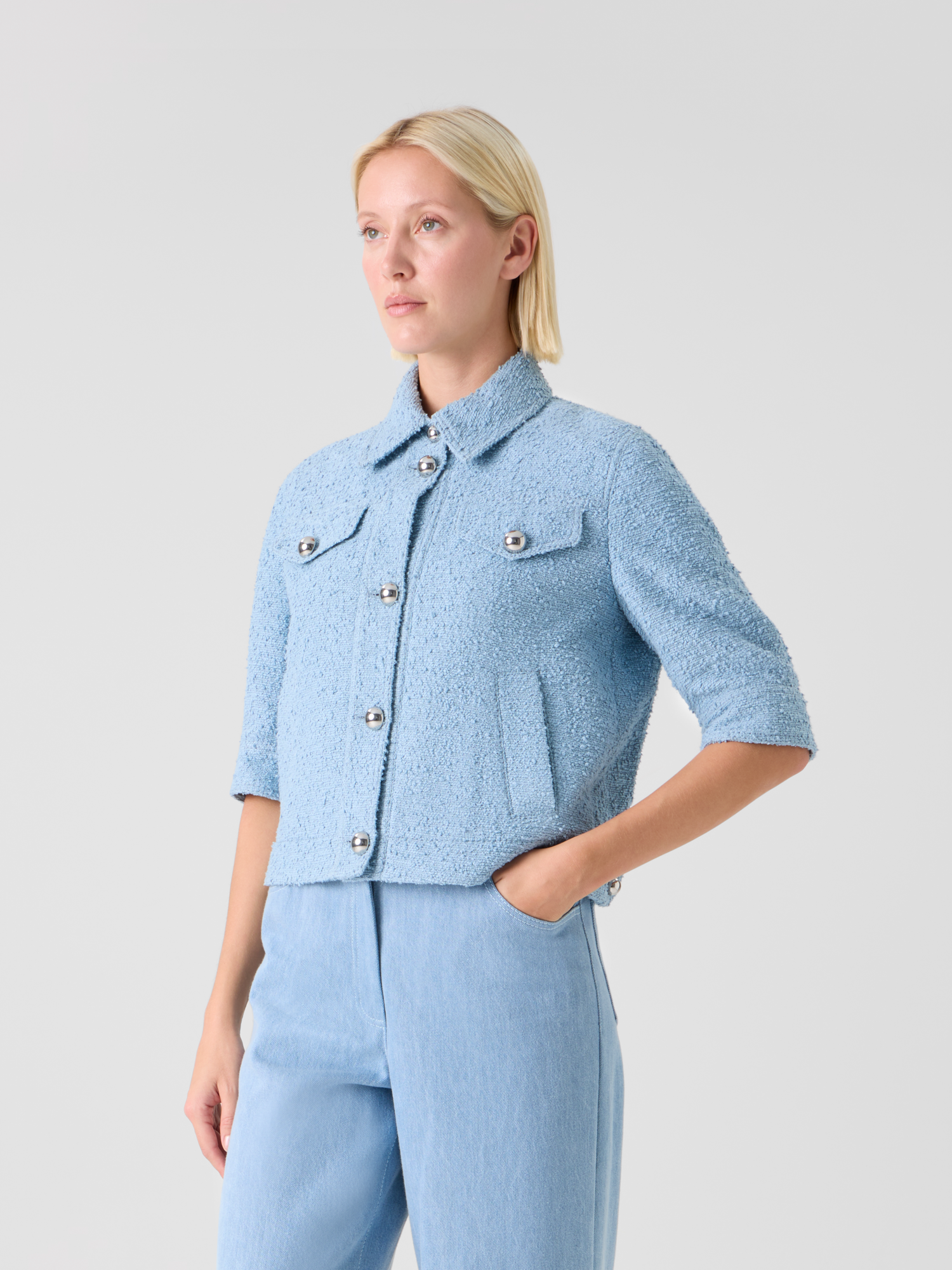 Designer Kurze Sommer-Jacke aus Bouclé-Baumwolle - Blau