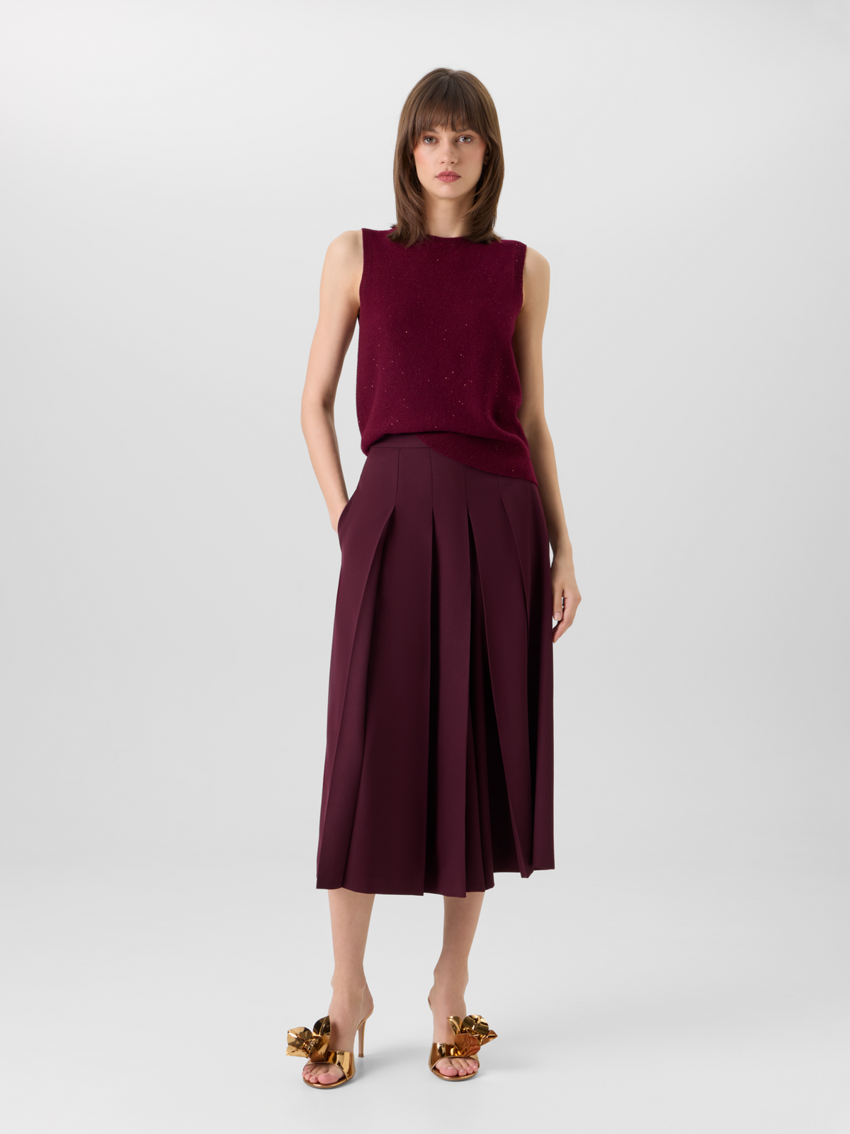 Designer Ärmelloses Top aus Kaschmir-Lamé mit Pailletten - Weinrot - Rot #editorial